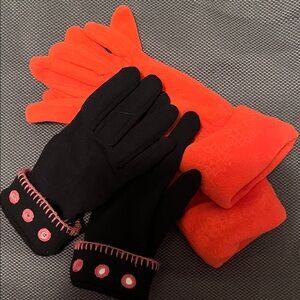 2 pairs of polar fleece gloves -Black Gloves with Pink Embroidery other orange